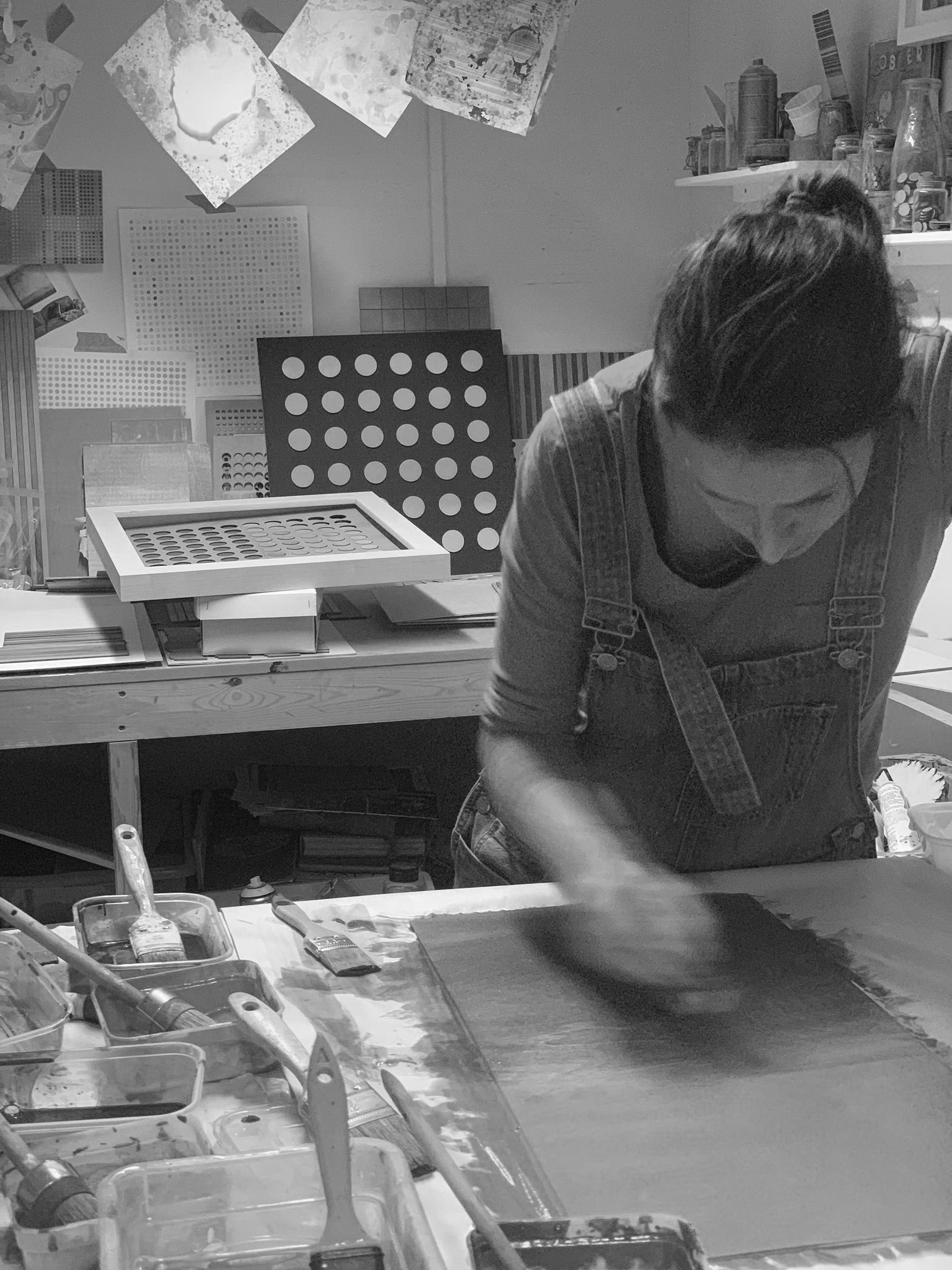 Amelia Coward abstract artist working in her oast house studio in Kent, UK