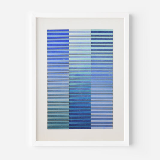 Blue abstract artwork by Amelia Coward, 3d horizontal stripes cut from birchwood panel paintings
