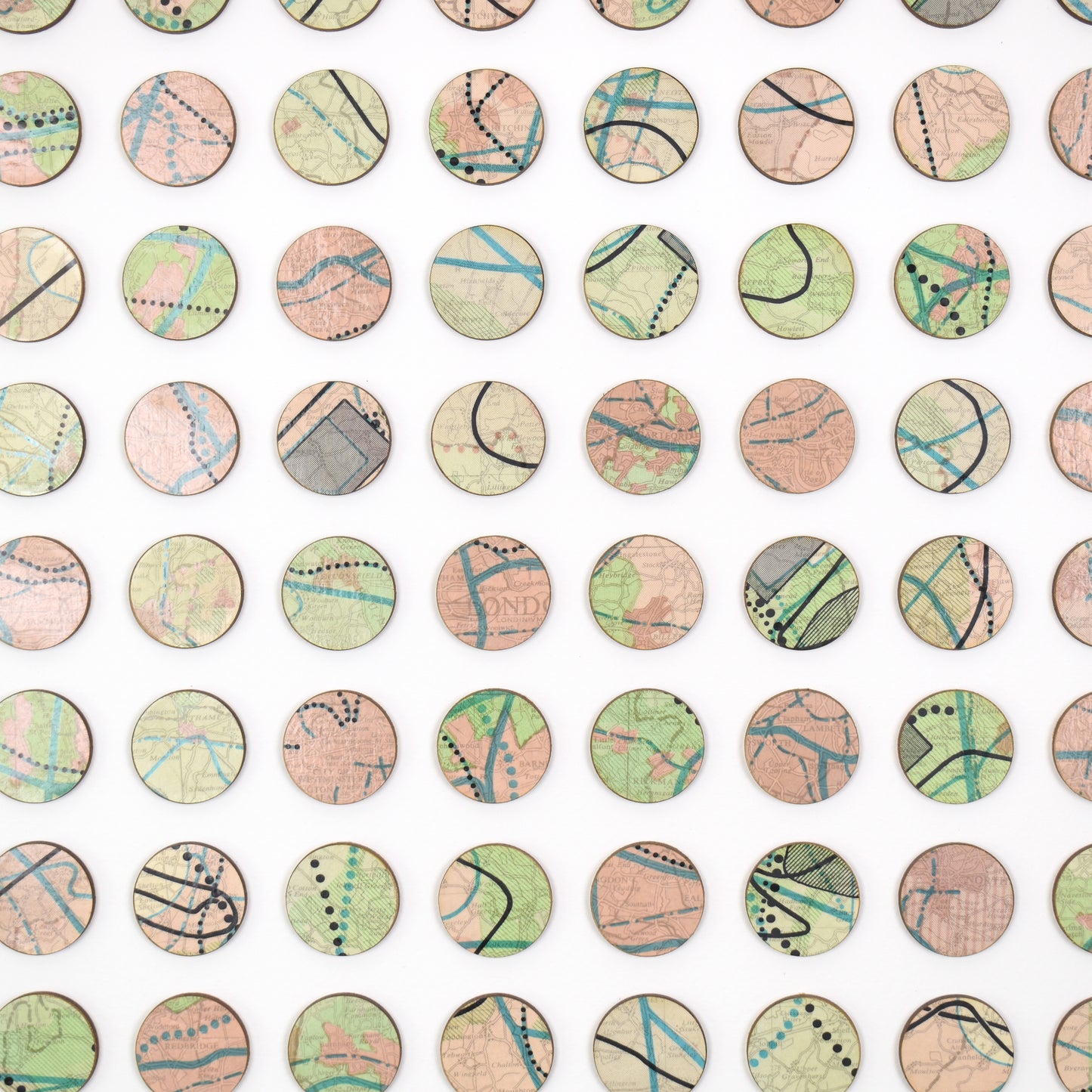 One Hundred London Infrastructure Pink and Green Map Dots Collage