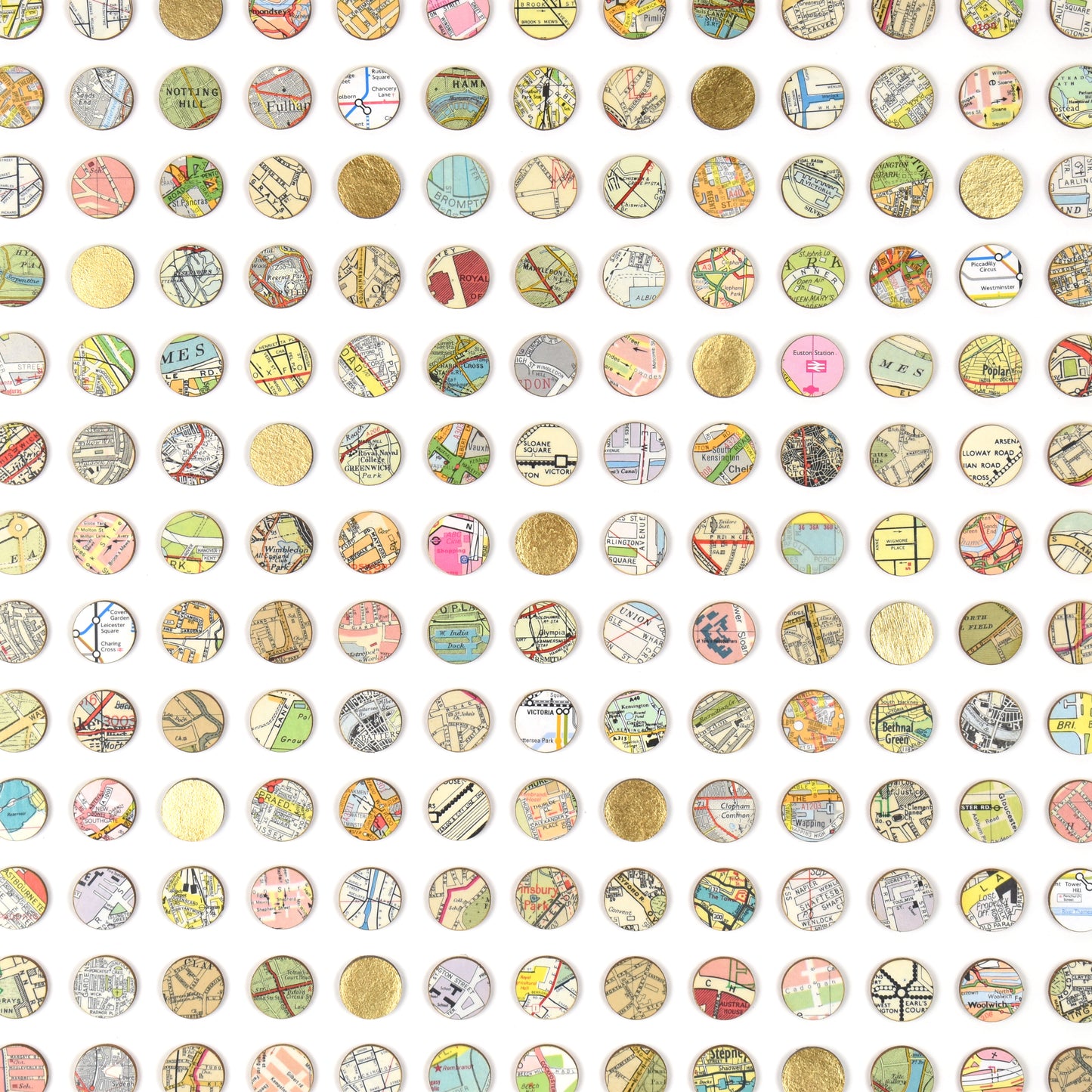 Two Hundred and Fifty Six London Map Dots Collage With Gold Leaf