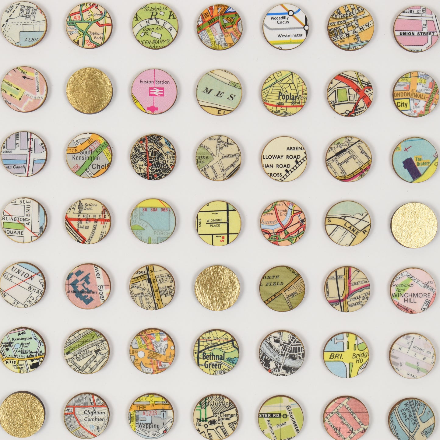 Two Hundred and Fifty Six London Map Dots Collage With Gold Leaf