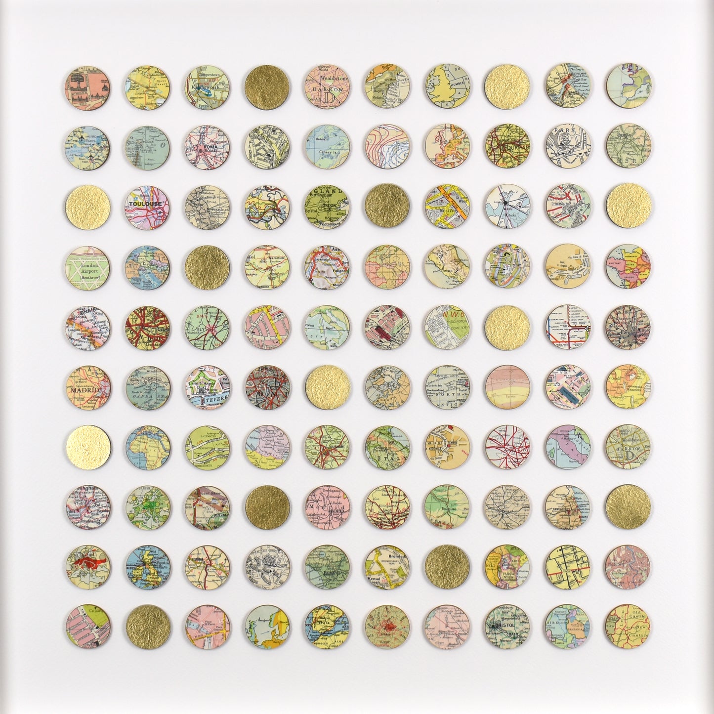 One Hundred World Map Dots Collage With Gold Leaf