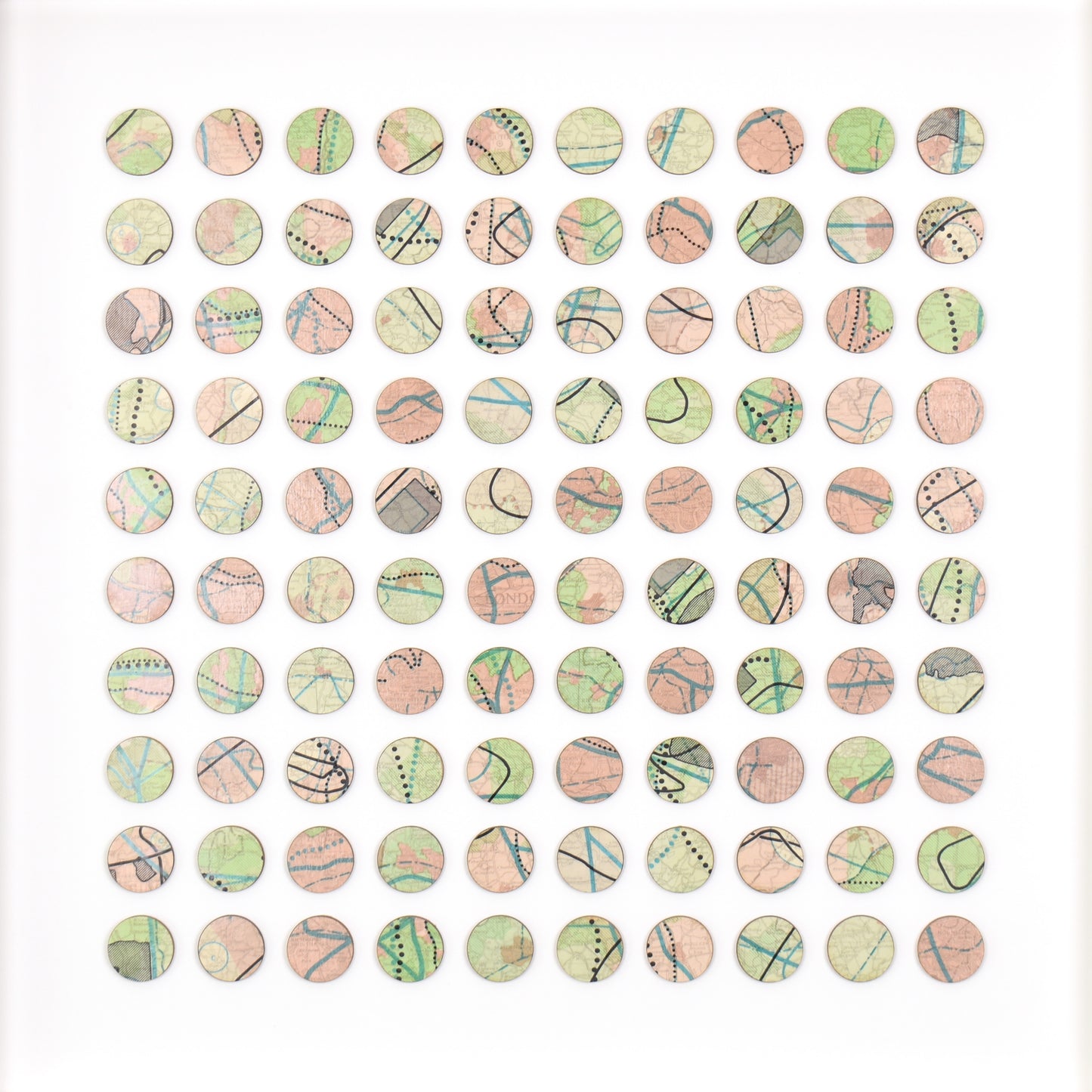 One Hundred London Infrastructure Pink and Green Map Dots Collage