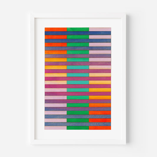 Stripe Colour Study print by Amelia Coward, with colorful horizontal stripes in blue, green, pink, and yellow.