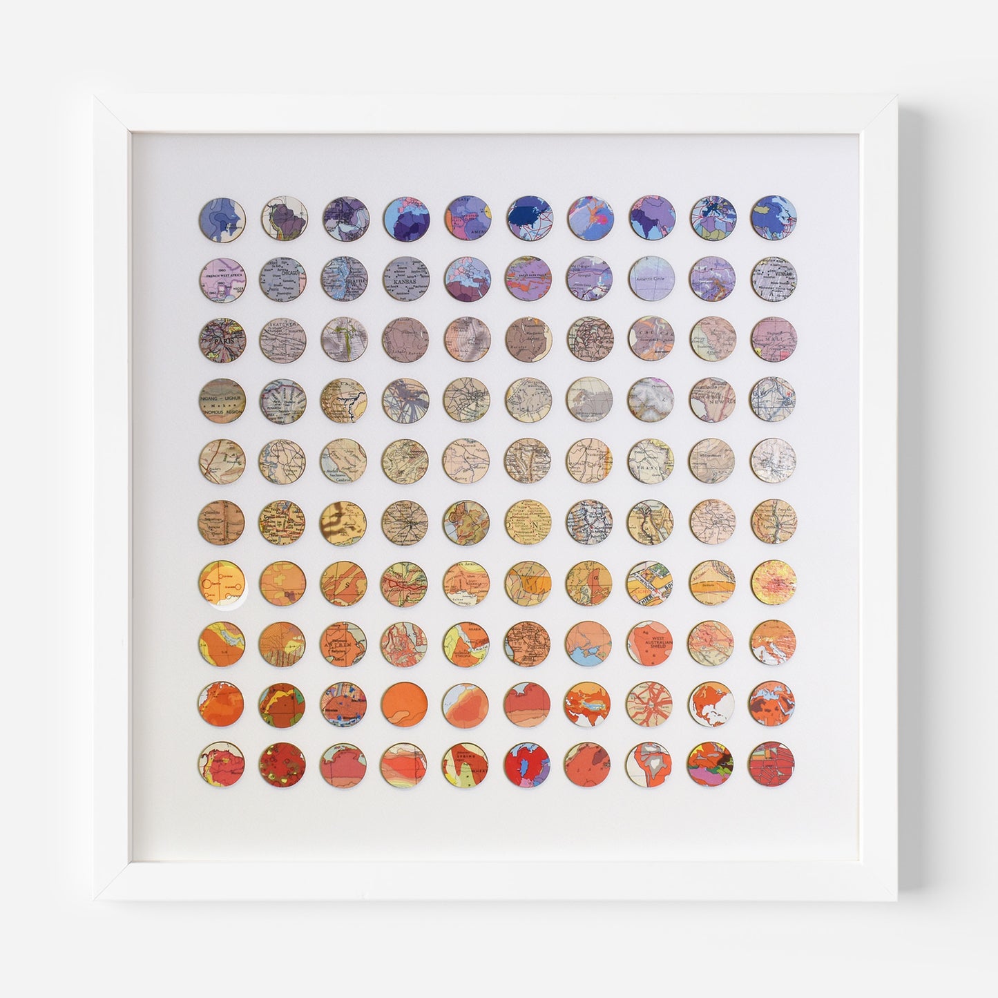 One Hundred Red to Purple Map Dots Collage