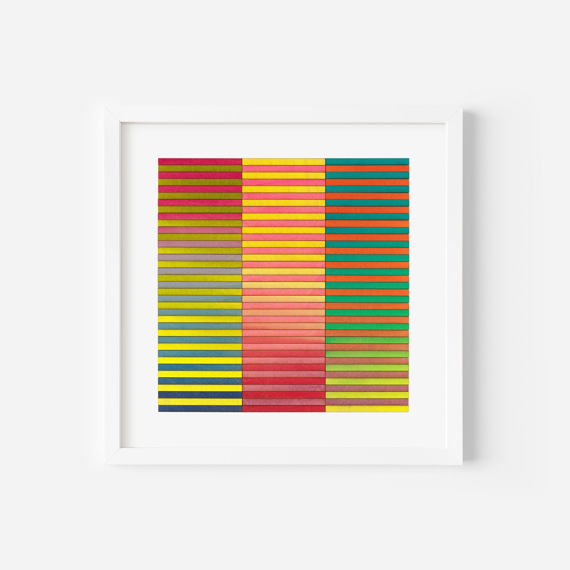 Modern abstract 3D striped artwork by Amelia Coward, bright horizontal stripes in yellow, green, pink, blue