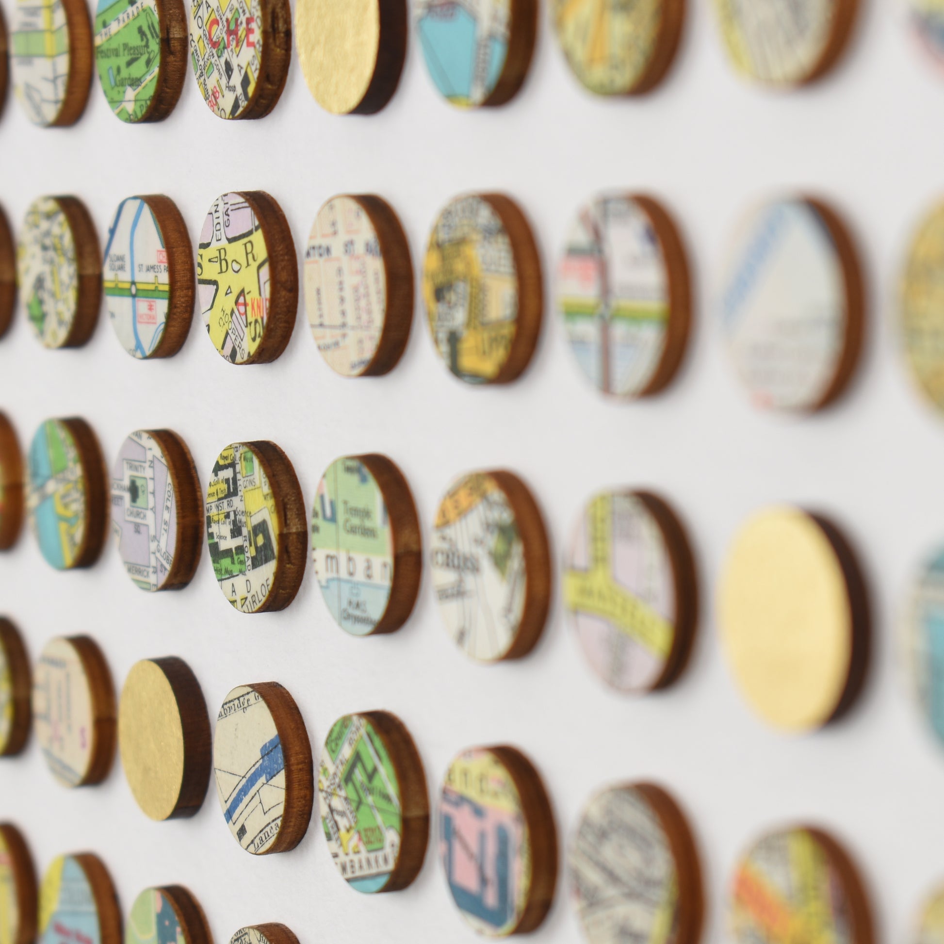 Side angle detail of map dots wall art by Amelia Coward