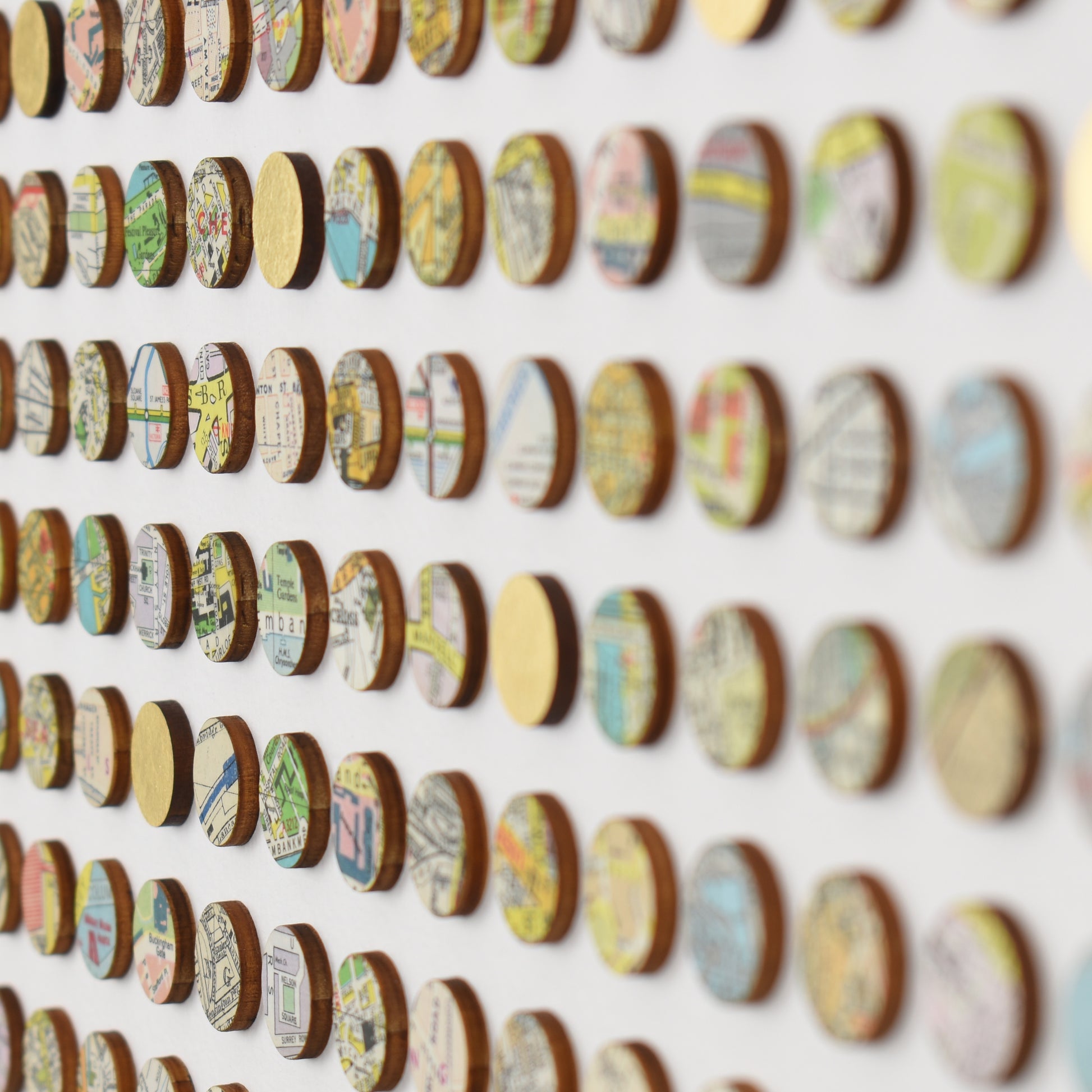 Side angle close up of map dots wall art by Amelia Coward
