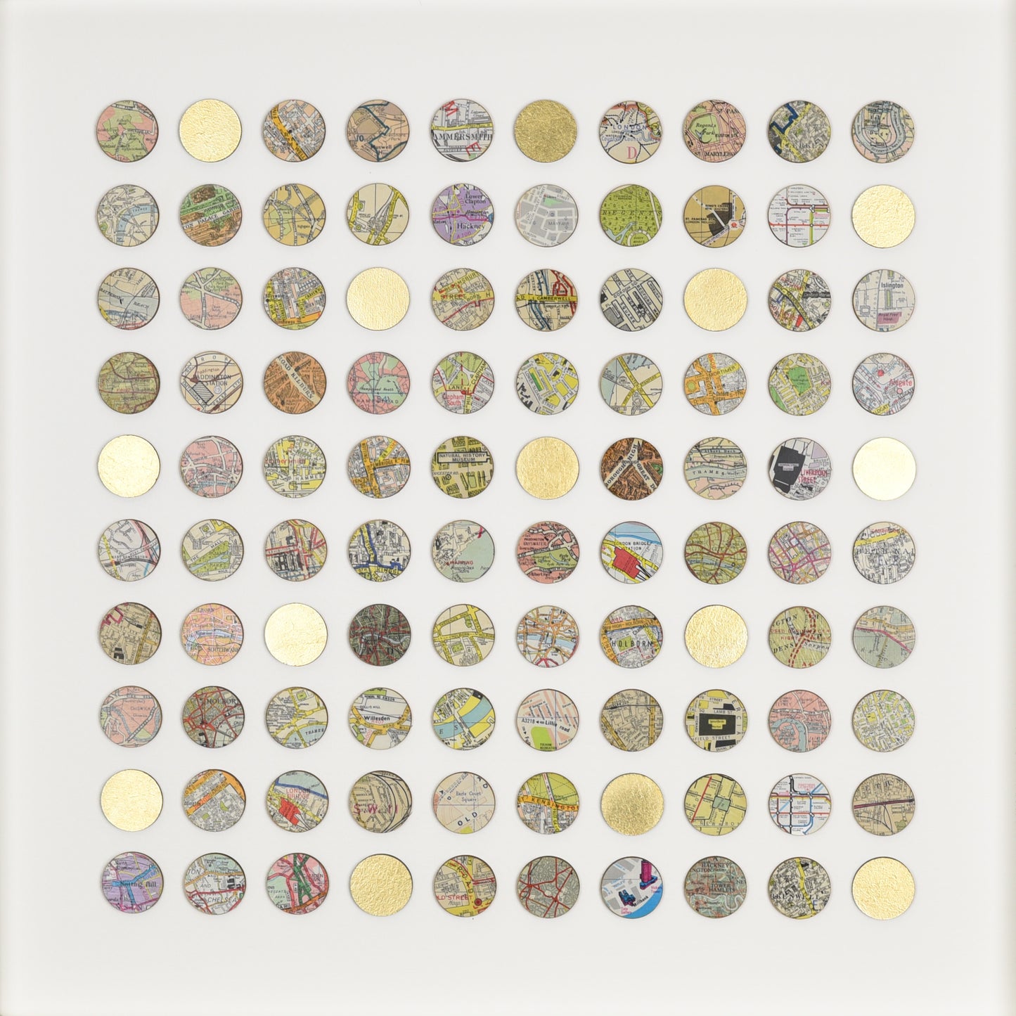 One Hundred Map Dots Collage With Gold Leaf