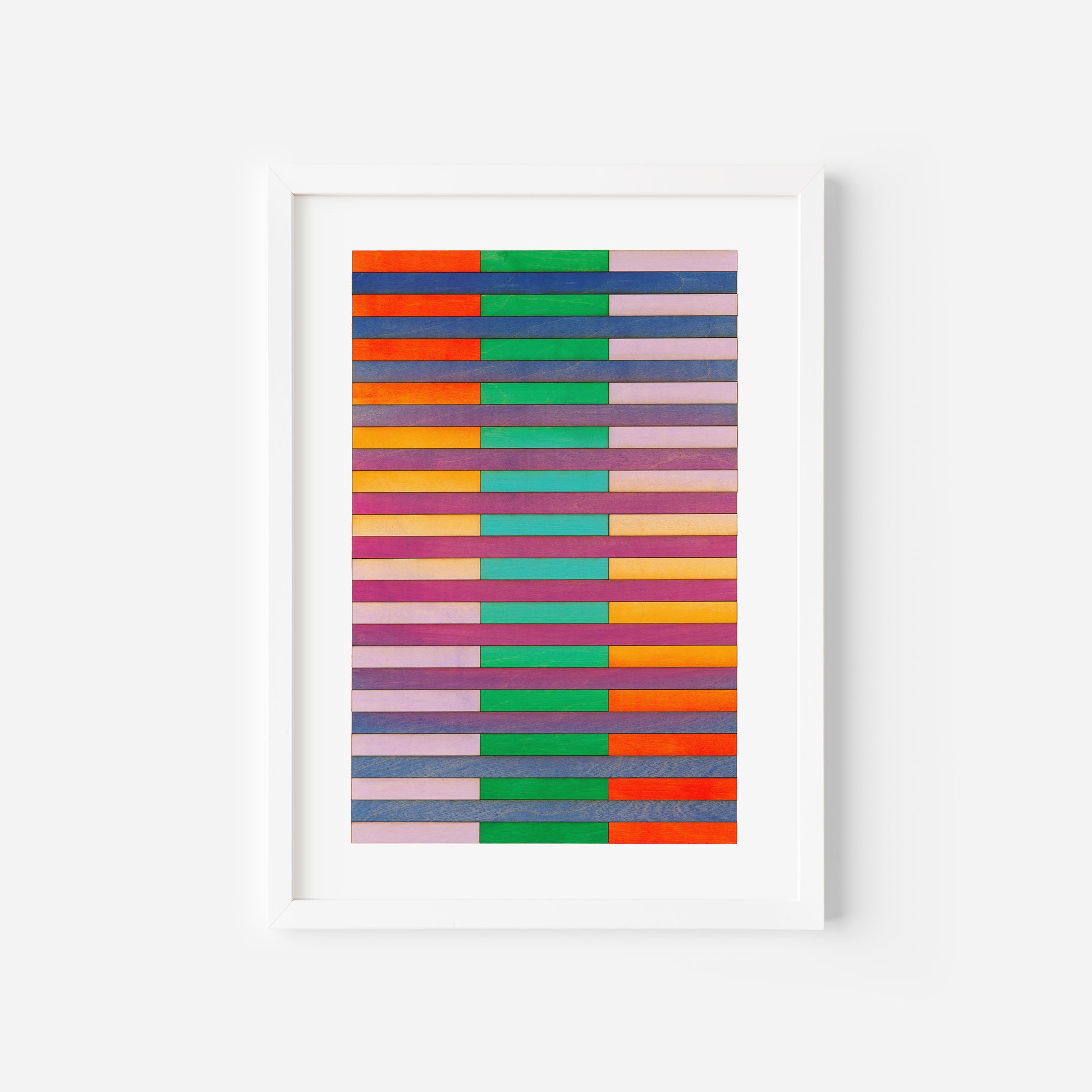 Stripe Colour Study print with colourful horizontal stripes in blue, green, pink, and yellow.