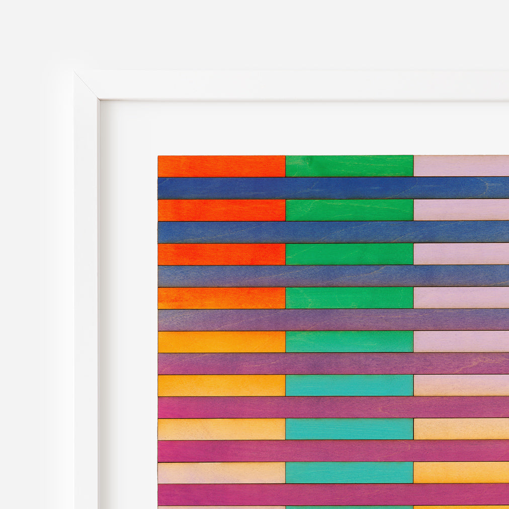 Detail of Stripe Colour Study print by Amelia Coward, with colorful horizontal stripes in blue, green, pink, and yellow.