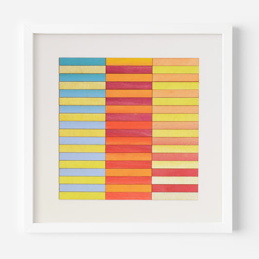 Yellow, red and orange stripe painting in white frame