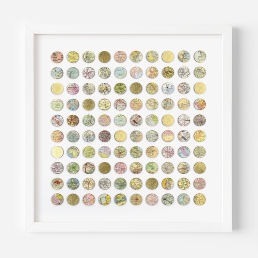 One Hundred World Map Dots Collage With Gold Leaf